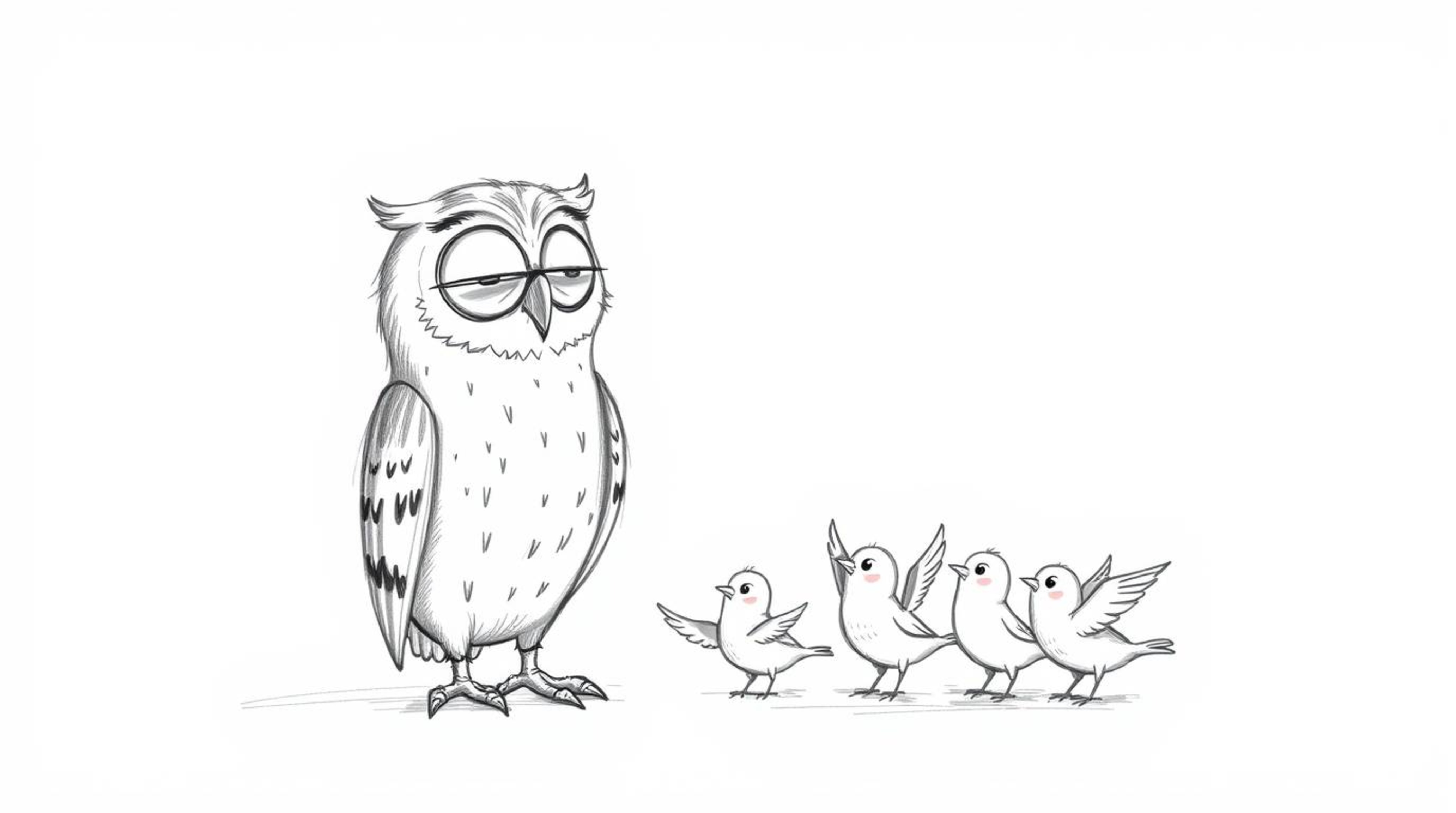 A charming hand-drawn Pixar style sketch depicts a blind owl imparting the invaluable skill of flight to a group of small bir