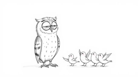 A charming hand-drawn Pixar style sketch depicts a blind owl imparting the invaluable skill of flight to a group of small bir
