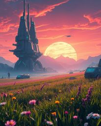 A vibrant and detailed futuristic sci-fi illustration depicting a spring meadow sunset. This imaginative scene seamlessly int