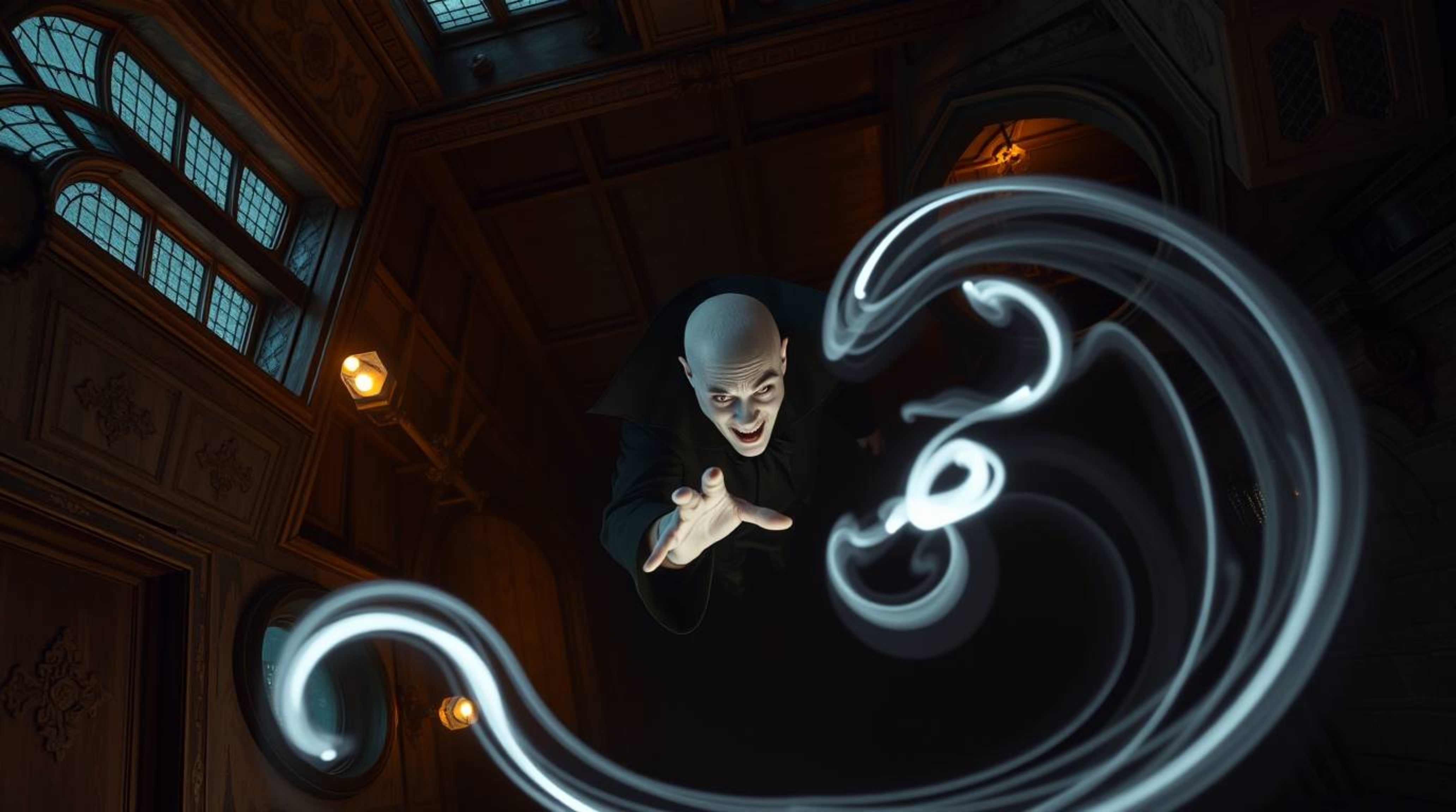 This captivating long exposure photograph captures a classic Disney villain, with pale skin, casting a spell within the aged