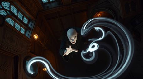 This captivating long exposure photograph captures a classic Disney villain, with pale skin, casting a spell within the aged