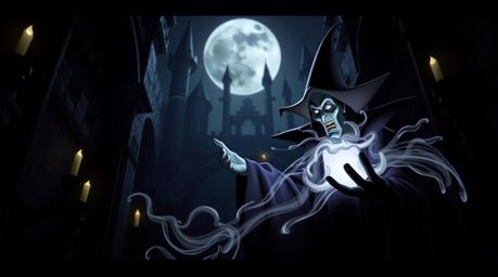 A high-resolution stock photo showcasing a classic Disney villain casting a spell within a dark and eerie castle. The image f