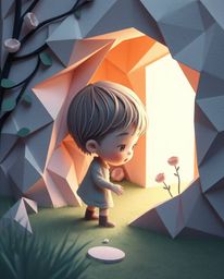 A child with soft, delicate features stumbles upon a magical portal in their backyard, beautifully rendered in intricate orig