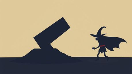 A modern flat design illustration depicts an anvil poised to drop on a trickster character, creating a tense and dramatic sce
