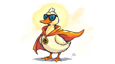 This hand-drawn color sketchnote captures a duck in a zany superhero costume, radiating an ethereal and spiritual vibe. The a