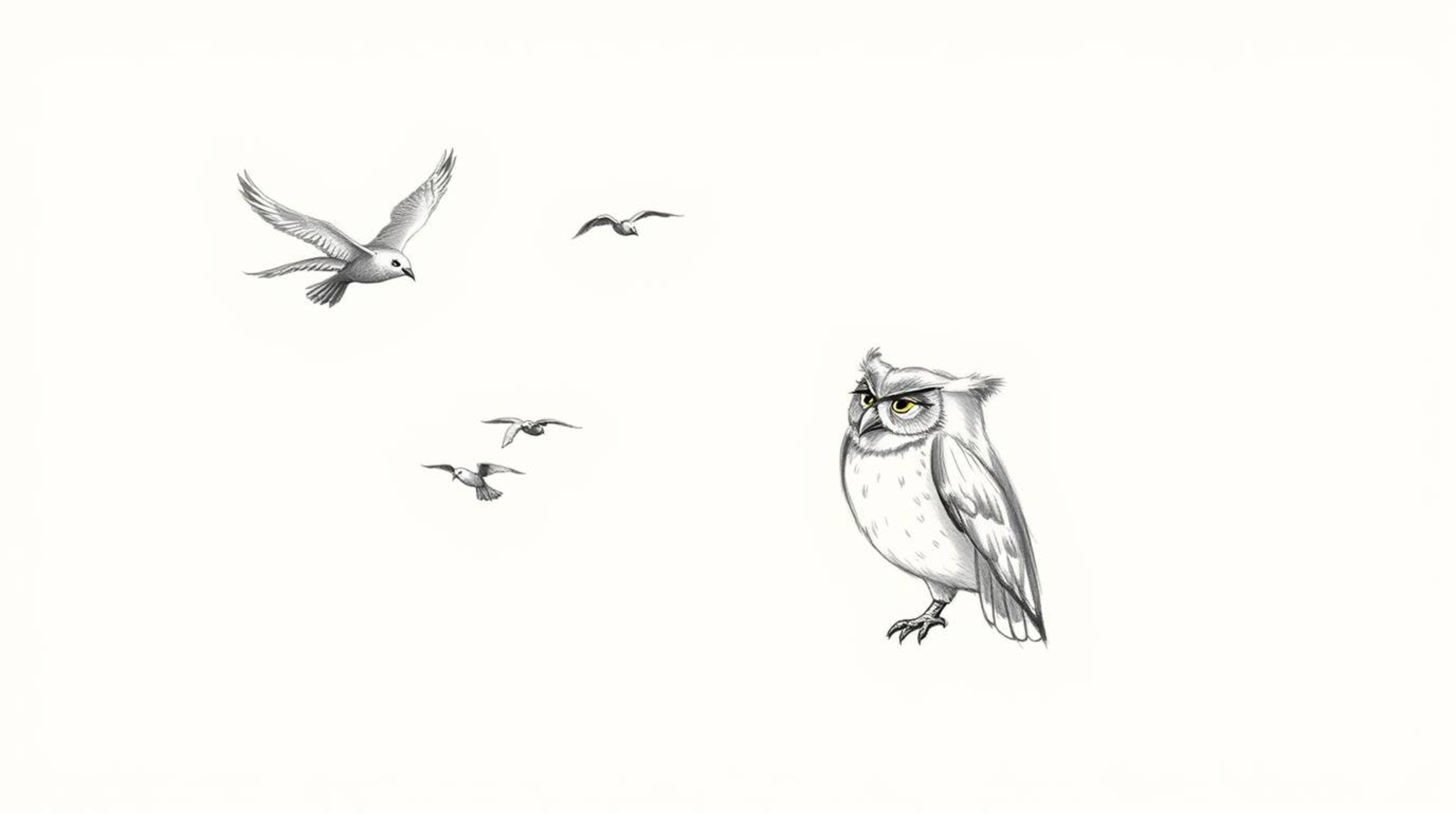 A hand-drawn pencil sketch in the style of Pixar, showcasing a blind owl with radiant feathers guiding a flock of birds in fl
