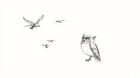 A hand-drawn pencil sketch in the style of Pixar, showcasing a blind owl with radiant feathers guiding a flock of birds in fl