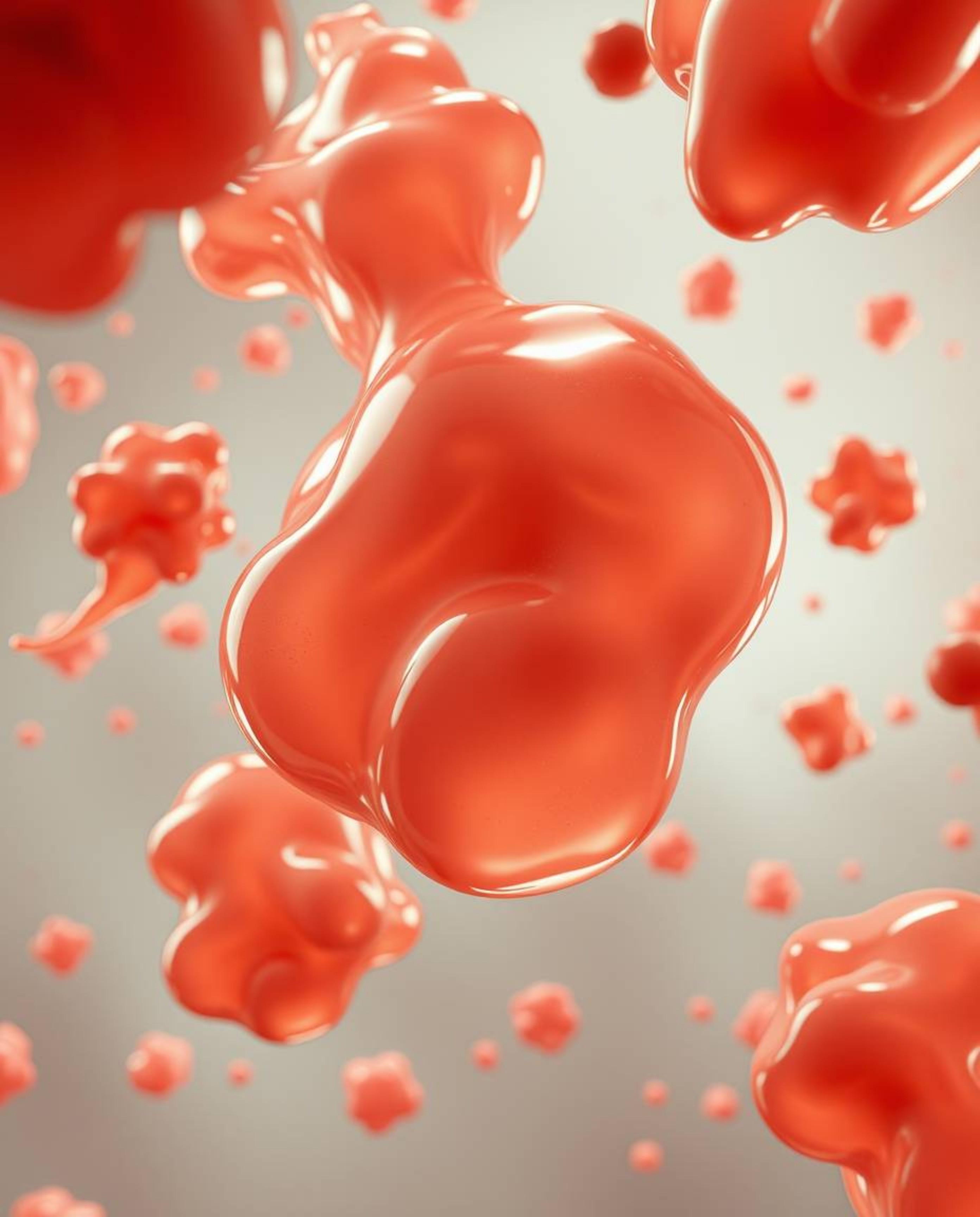 A surreal 3D render showcasing fluid organic blobs composed of translucent materials gracefully floating in space.  Rendered 