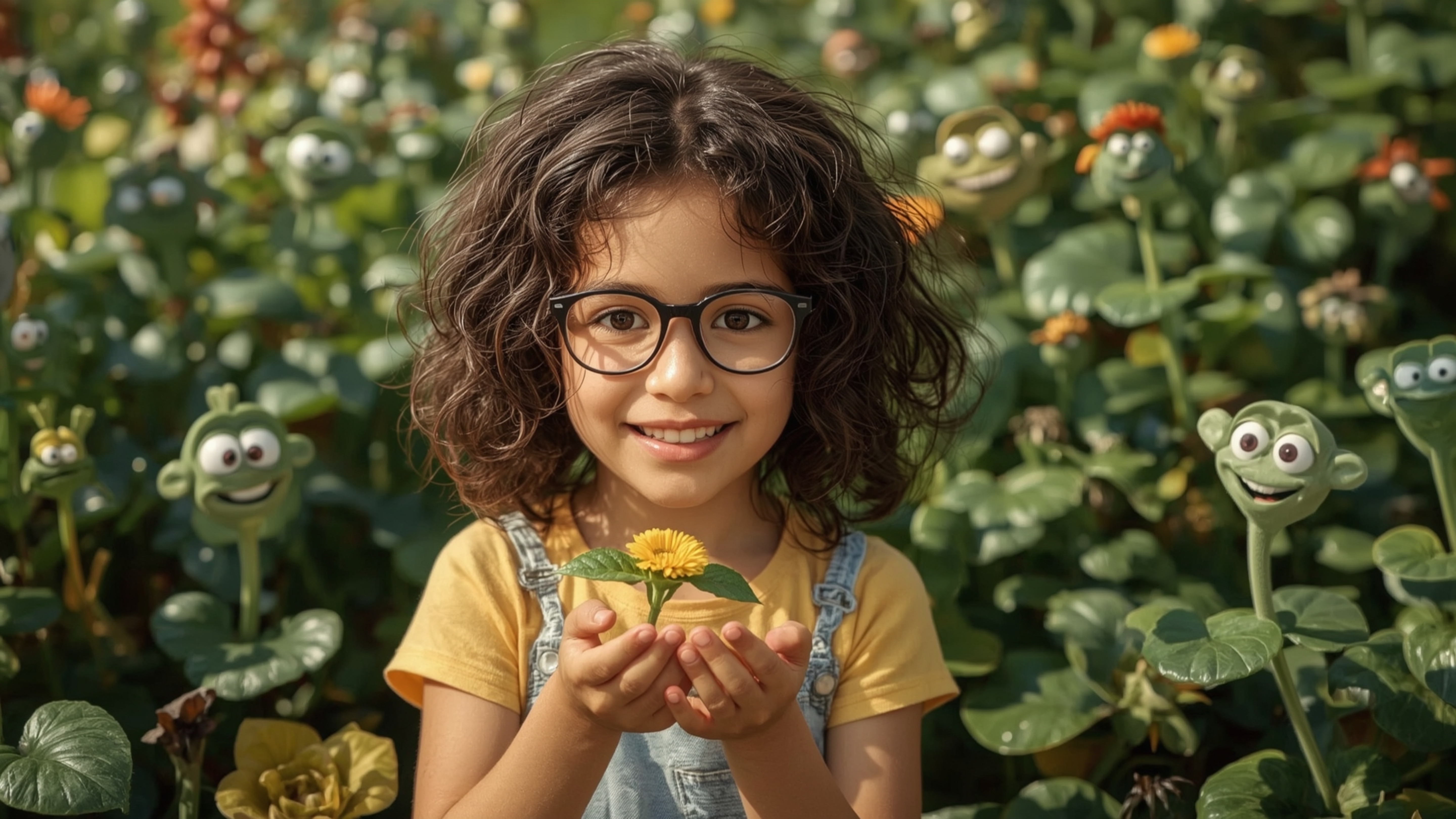 A high-resolution, vibrant, and whimsical stock photo features a brilliant, bespectacled young girl with curly brown hair, in
