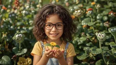 A high-resolution, vibrant, and whimsical stock photo features a brilliant, bespectacled young girl with curly brown hair, in
