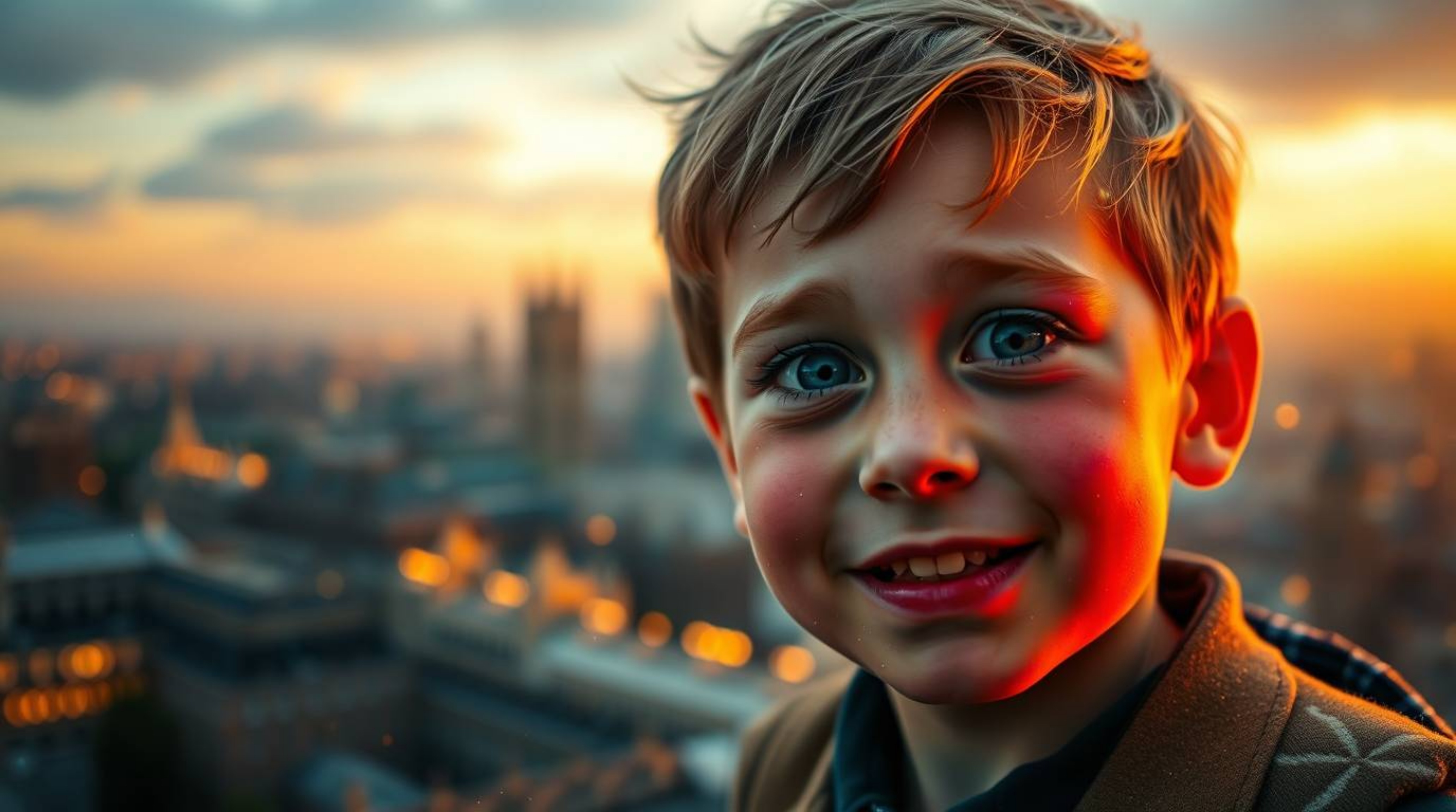 A captivating image of a young boy with rosy cheeks and fair skin, soaring above London bathed in natural light. Bioluminesce