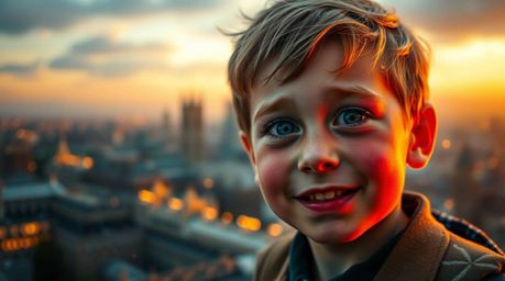 A captivating image of a young boy with rosy cheeks and fair skin, soaring above London bathed in natural light. Bioluminesce