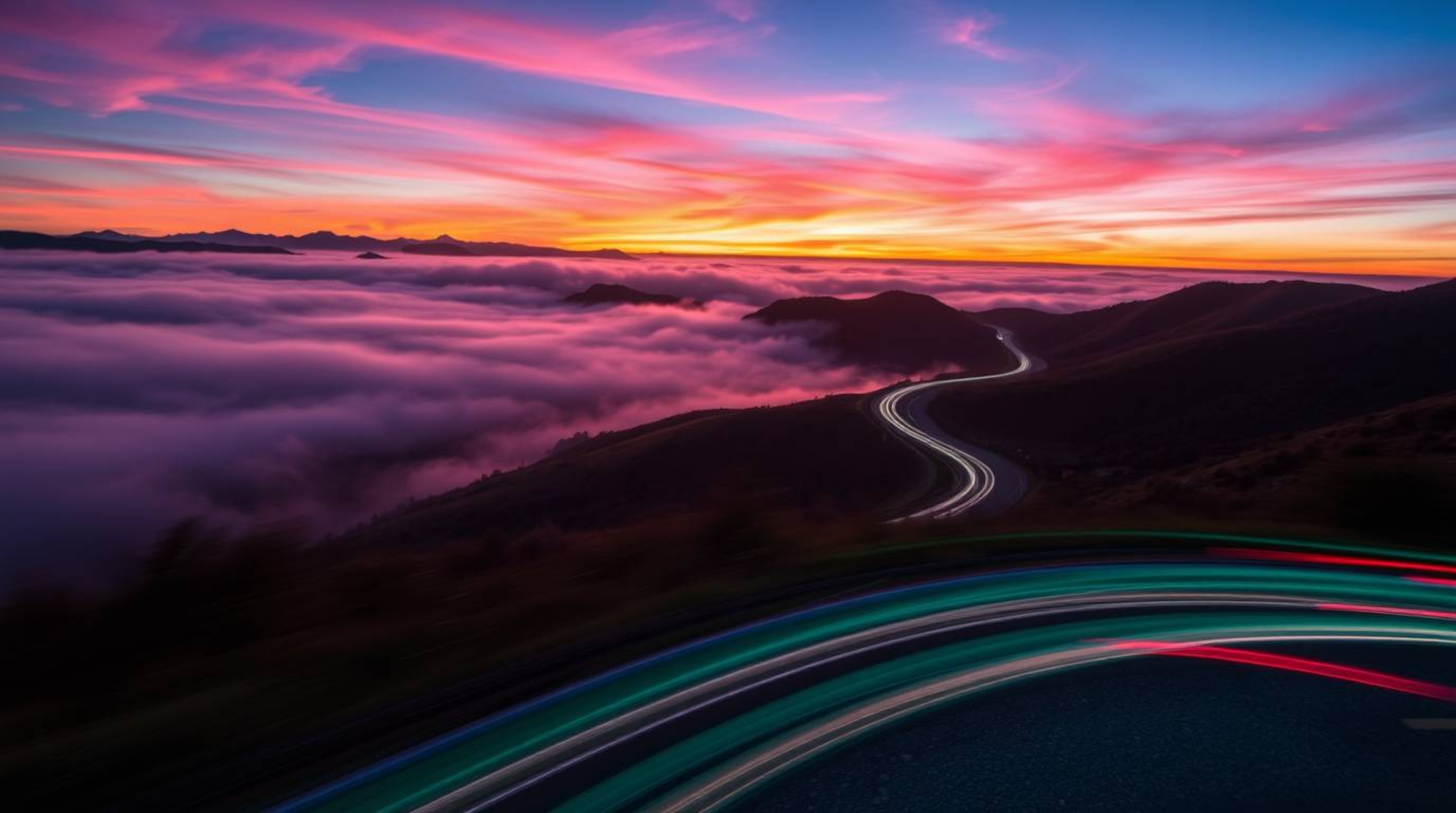 A captivating long-exposure photograph showcases vibrant electric colors painting the fog-covered hills at sunset.  Motion an