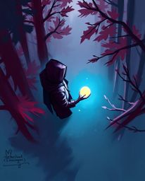 A captivating digital sketch presents a bird's-eye view of a cloaked figure in a misty forest, holding a glowing orb. The art