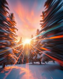 A scene of dynamic motion captures vibrant sunset light sparkling on snowy pine trees. This energetic image is characterized 