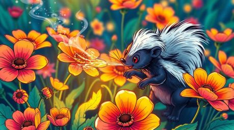A high-angle, hand-drawn sketch showcasing a cartoon skunk spraying perfume on flowers, rendered with glowing bioluminescent 
