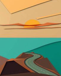 This is an origami-style illustration that gracefully and elegantly depicts a sunset sky in warm terracotta and cool teal ove