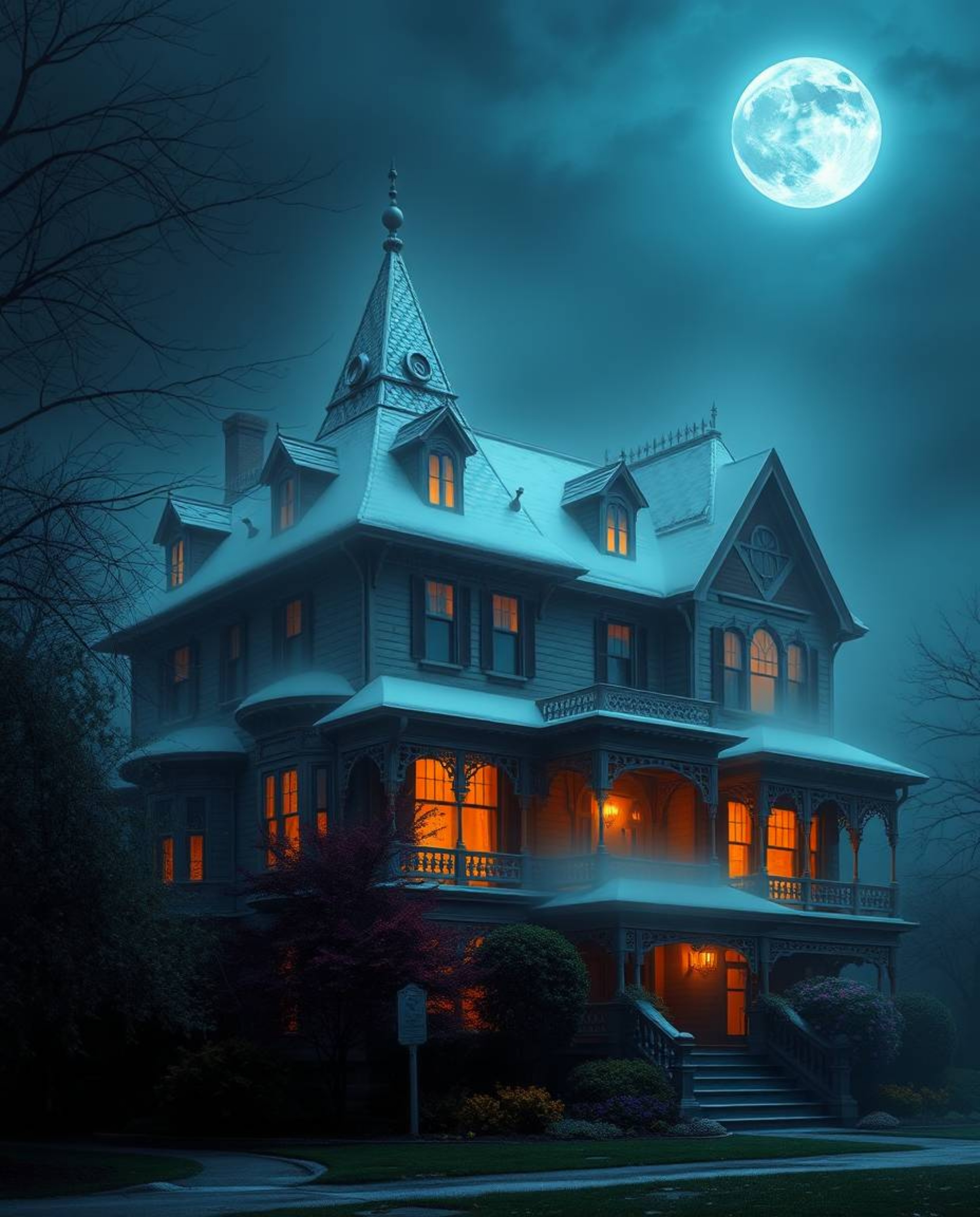Explore a fog-shrouded Victorian mansion bathed in moonlight, meticulously rendered in a photorealistic style.  The image sho