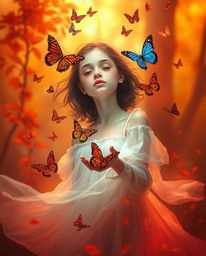 A girl with radiant skin, adorned in a flowing white dress, participates in a serene act of releasing butterflies into a myst