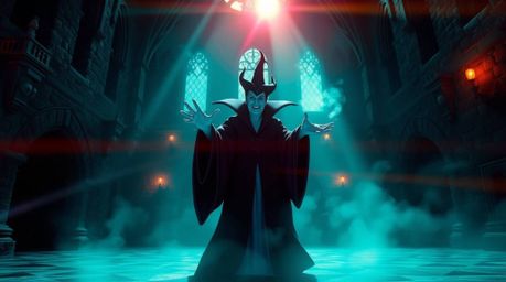 A classic Disney villain unleashes a powerful spell within the walls of an ancient castle, bathed in a captivating deep teal