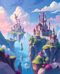 Experience a breathtaking digital painting of an elegant and graceful colorful kingdom, complete with mesmerizing floating is