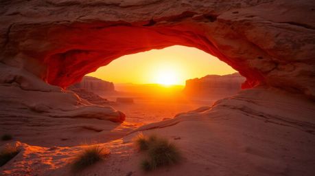 Witness the breathtaking beauty of a desert sunset filtering through a majestic natural rock arch.  Bathed in soft, diffused 
