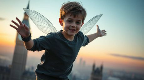 Imagine a young boy, imbued with the magic of pixie dust, soaring gracefully above the iconic skyline of London. The scene is