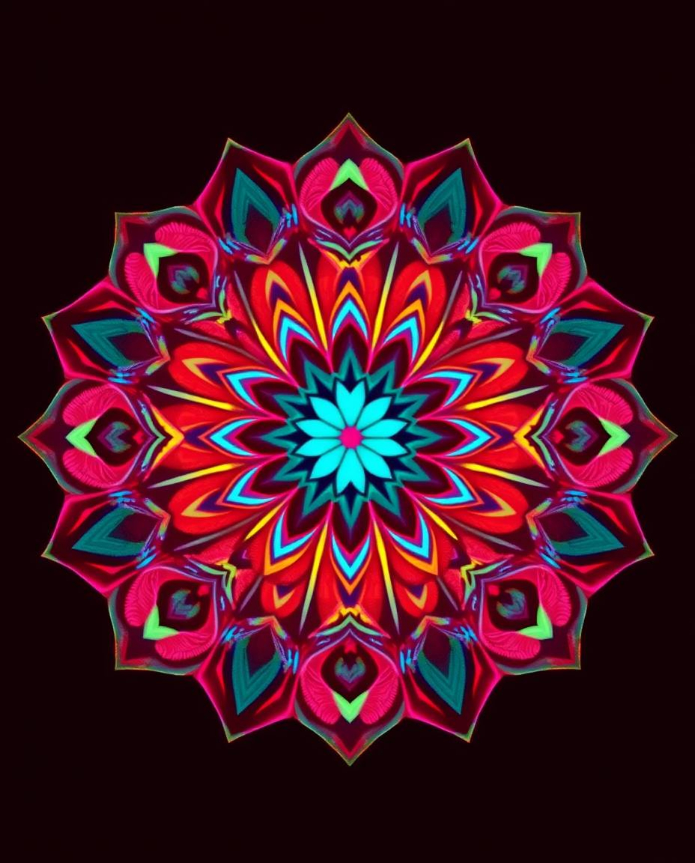 Explore captivating geometric floral mandalas rendered in the infrared spectrum, showcasing surreal and vibrant color tones. 