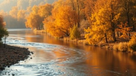 Experience the serene beauty of a river delta bathed in the warm hues of autumn, evoking feelings of tranquility and comfort.