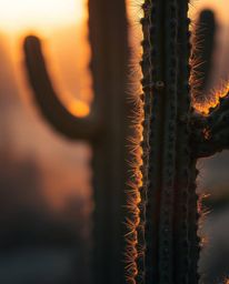 A soft cinematic haze sets the scene for this tight close-up shot of a desert cactus glowing in the last rays of the sun. The