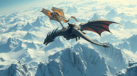 Explore a breathtaking high-angle futuristic sci-fi illustration showcasing a magnificent dragon and its rider soaring above 
