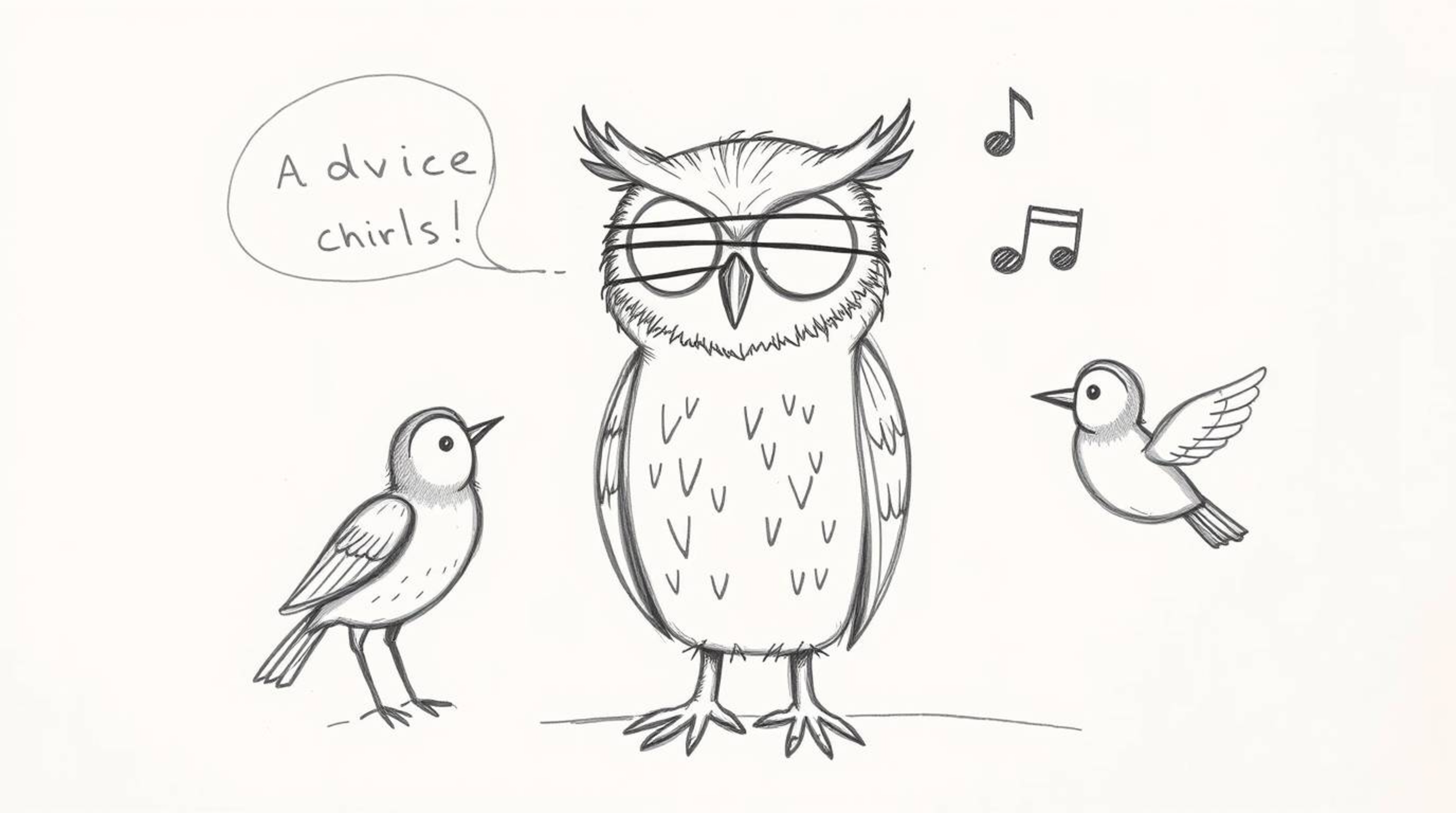 A hand-drawn sketch depicting a blind owl, rendered in the style of Pixar, offers insightful advice to birds through melodic 