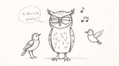 A hand-drawn sketch depicting a blind owl, rendered in the style of Pixar, offers insightful advice to birds through melodic 