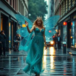Explore candid street photography captured in rich, deep teal tones, featuring a magical scene of a fairy godmother appearing