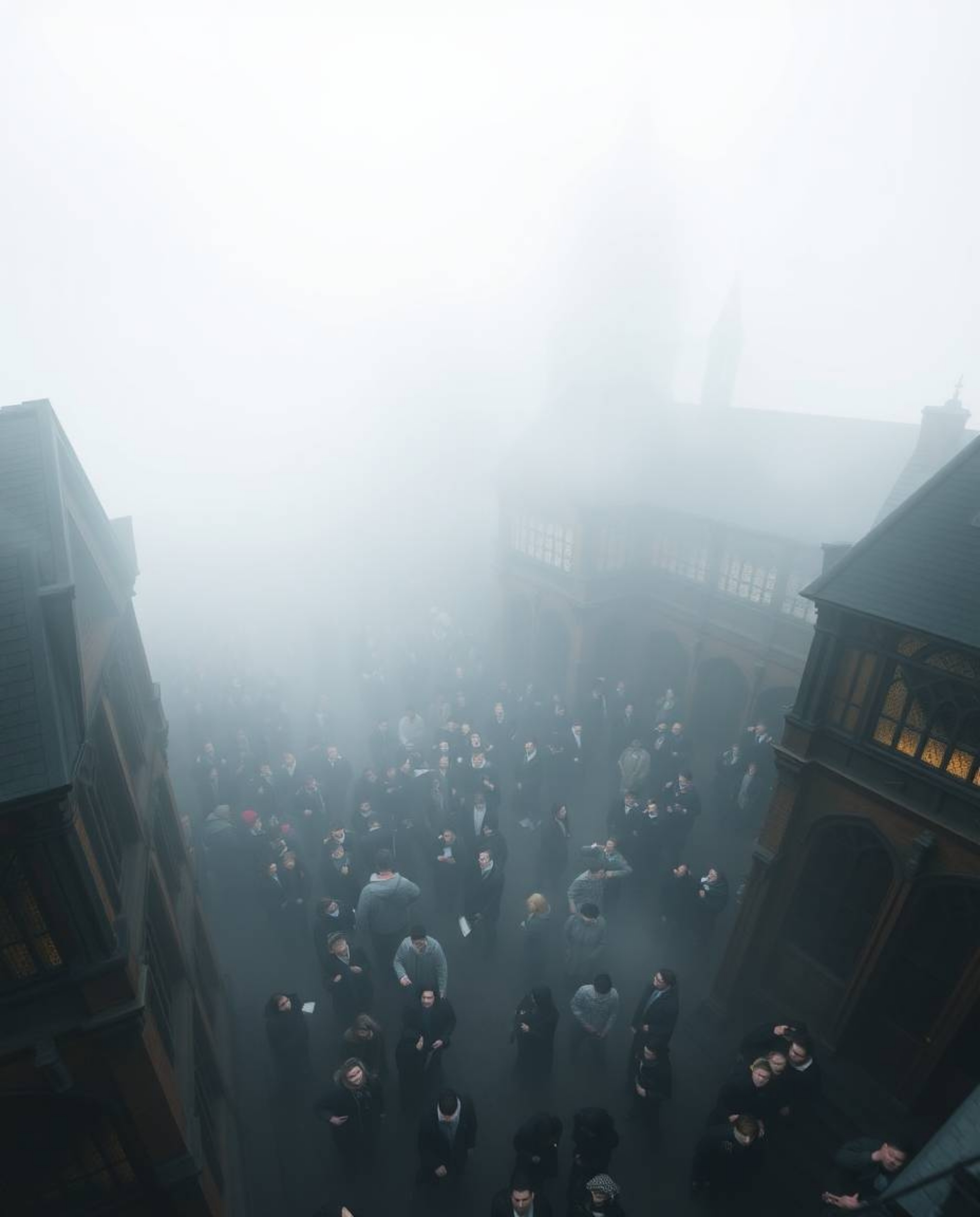 Experience the enchanting atmosphere of a magical school shrouded in thick fog. This high-angle perspective showcases the spr