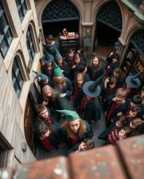 Capture the enchanting world of a magical school filled with young wizards through candid street photography from a high-angl