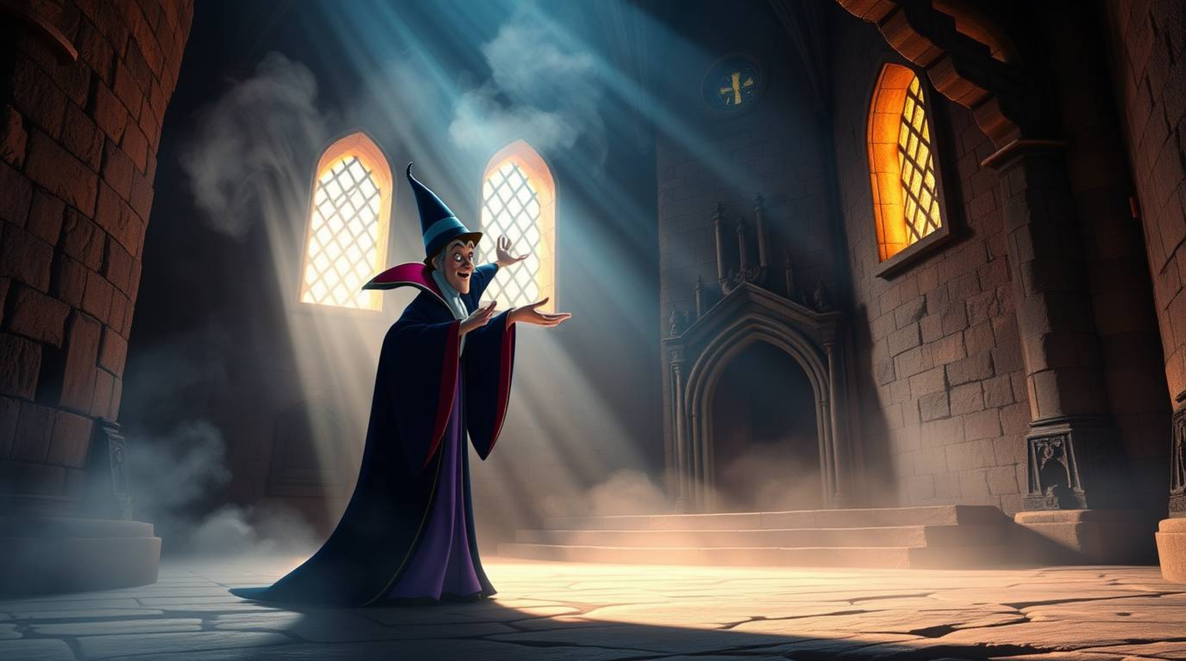 A classic Disney villain casts a mesmerizing spell within the walls of an ancient castle.  Rendered in soft pastel colors and