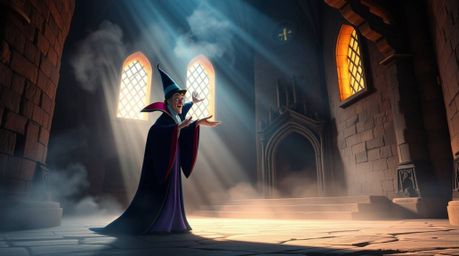 A classic Disney villain casts a mesmerizing spell within the walls of an ancient castle.  Rendered in soft pastel colors and