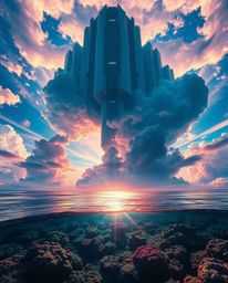 An epic scene unfolds on a modern, futuristic, grand scale, depicting a vibrant colorful sky over a coral reef at low tide. T