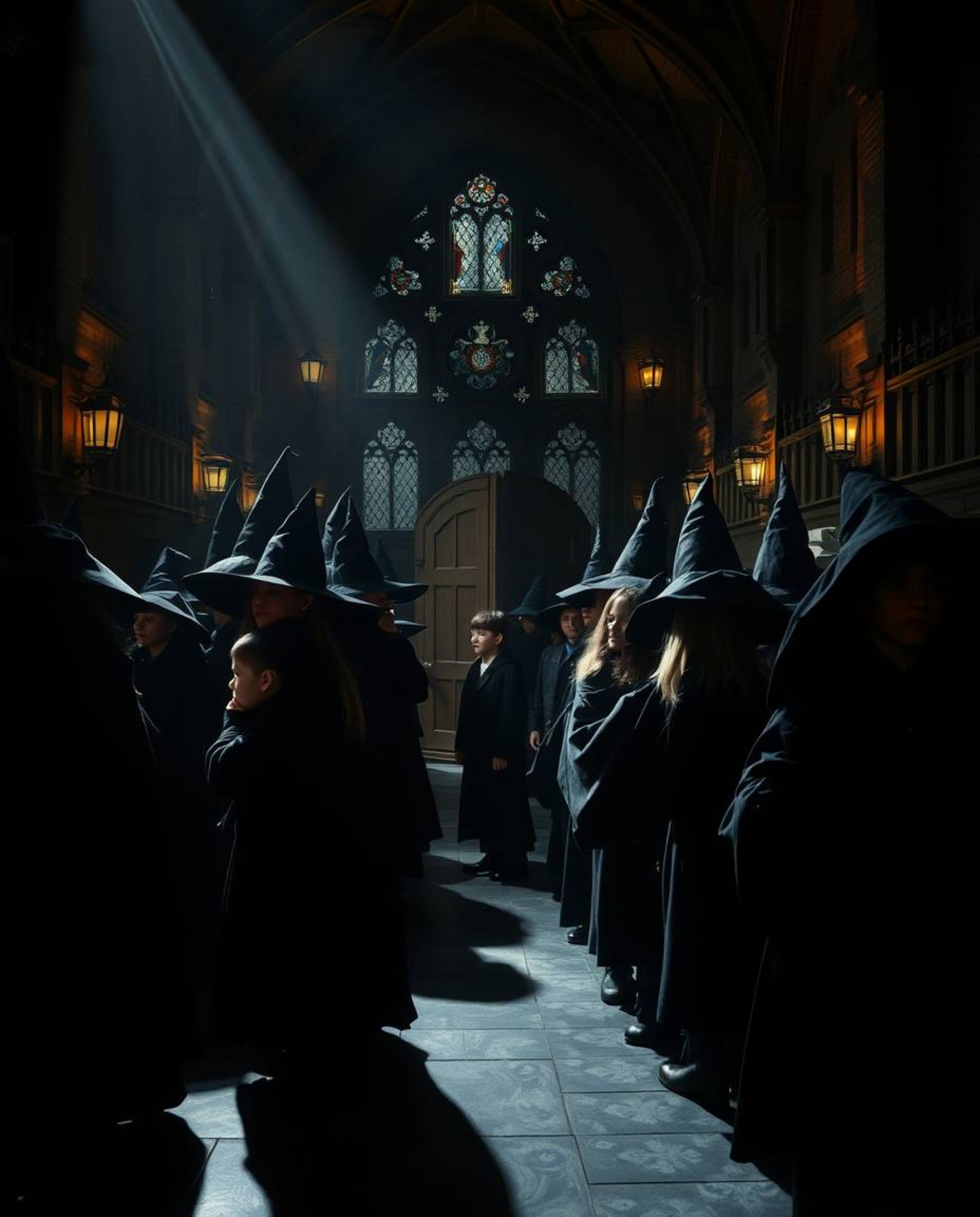 Explore a captivating magical school teeming with young wizards, brought to life through high contrast and low-key lighting. 