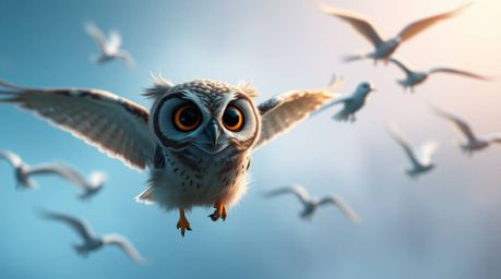 This cinematic, long-exposure shot depicts a heartwarming scene of a blind owl, rendered in a charming Pixar style with soft 