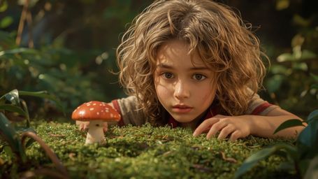 In a vibrant, cinematic photograph with a nostalgic, film-like grain, a bright-eyed, homeschooled genius with curly, honey-bl