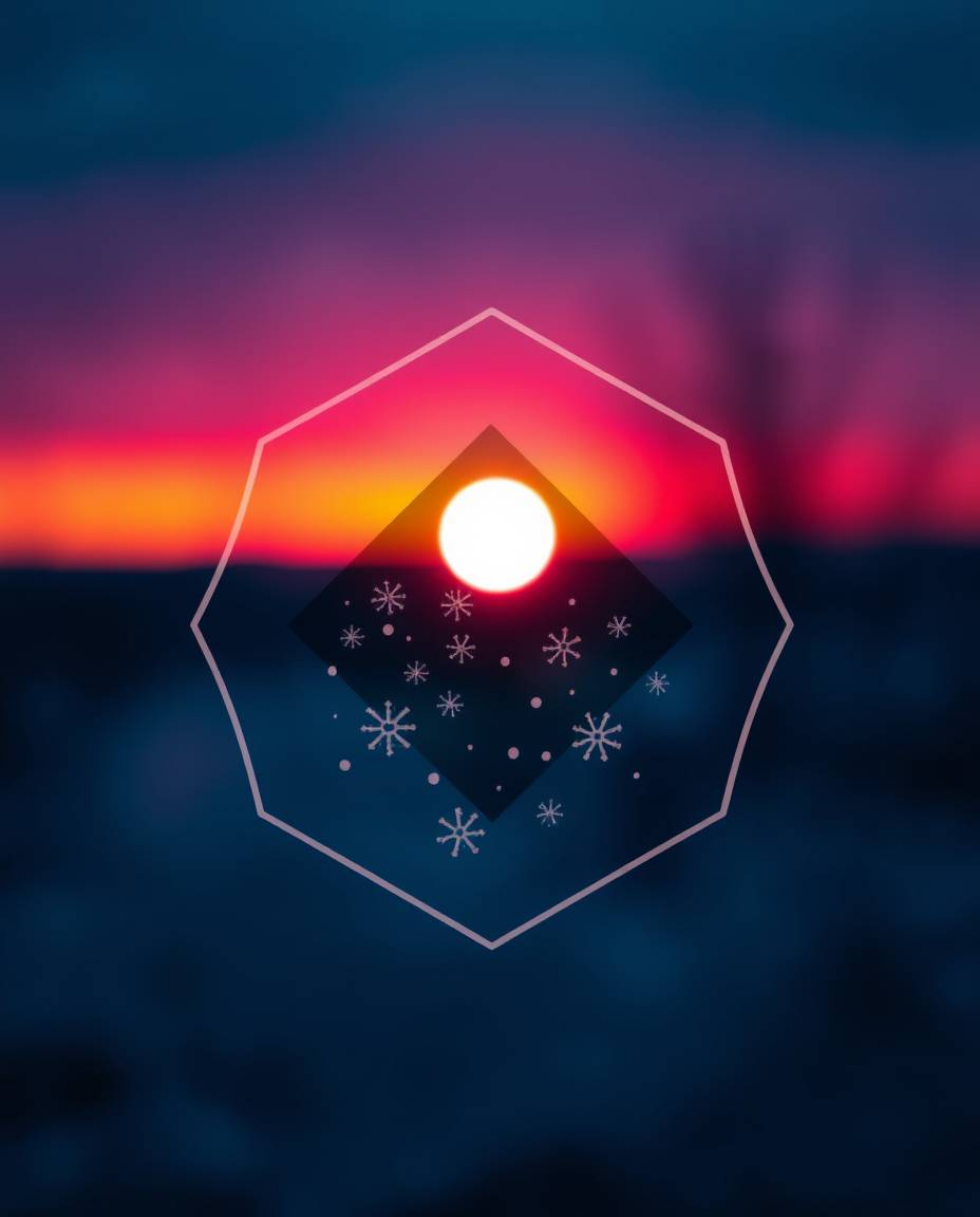 This geometric logo creatively incorporates a blurred bokeh effect, depicting snowflakes falling against a vibrant sunset. Th