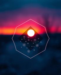 This geometric logo creatively incorporates a blurred bokeh effect, depicting snowflakes falling against a vibrant sunset. Th