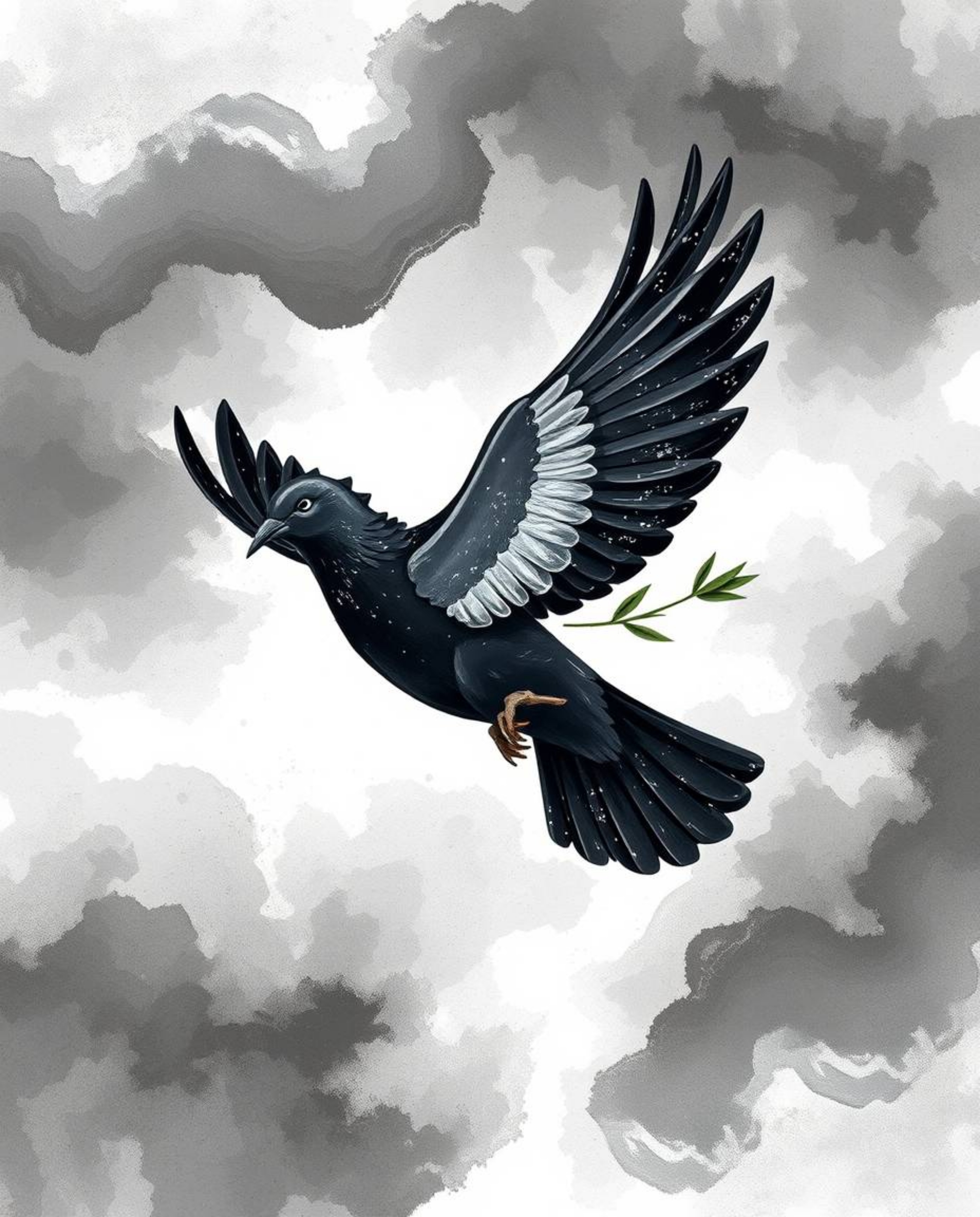 A striking piece of digital art depicts a jet-black dove carrying an olive branch amidst stormy skies.  The artwork features 