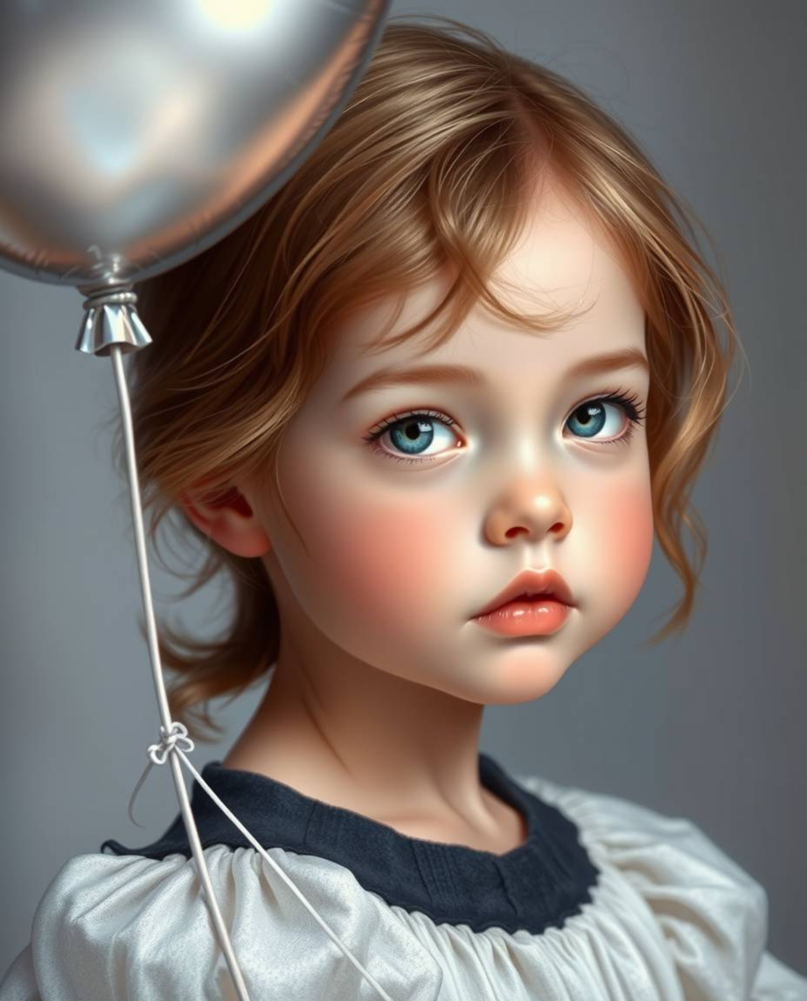 A captivating image of an elegant child with refined features and light brown hair, gracefully holding a silver balloon.  The