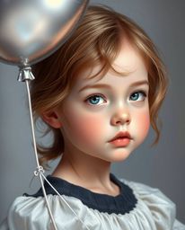 A captivating image of an elegant child with refined features and light brown hair, gracefully holding a silver balloon.  The