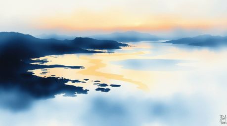 A captivating watercolor painting depicts a river delta bathed in the soft glow of twilight.  The artwork showcases a strong,