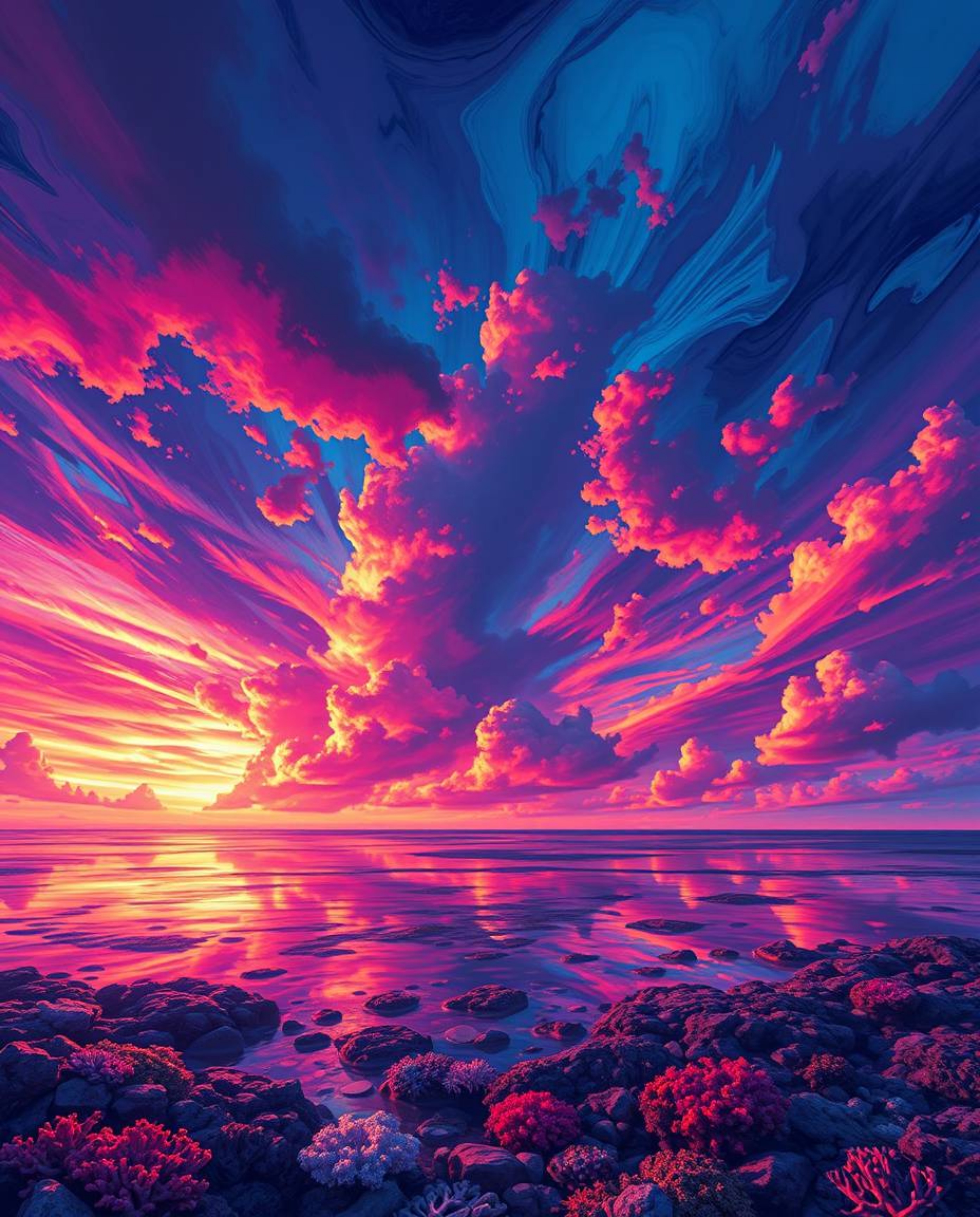 A digital painting depicts a colorful sky over a coral reef at low tide. The artwork is defined by its deep ultraviolet hues,