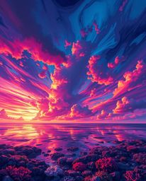 A digital painting depicts a colorful sky over a coral reef at low tide. The artwork is defined by its deep ultraviolet hues,